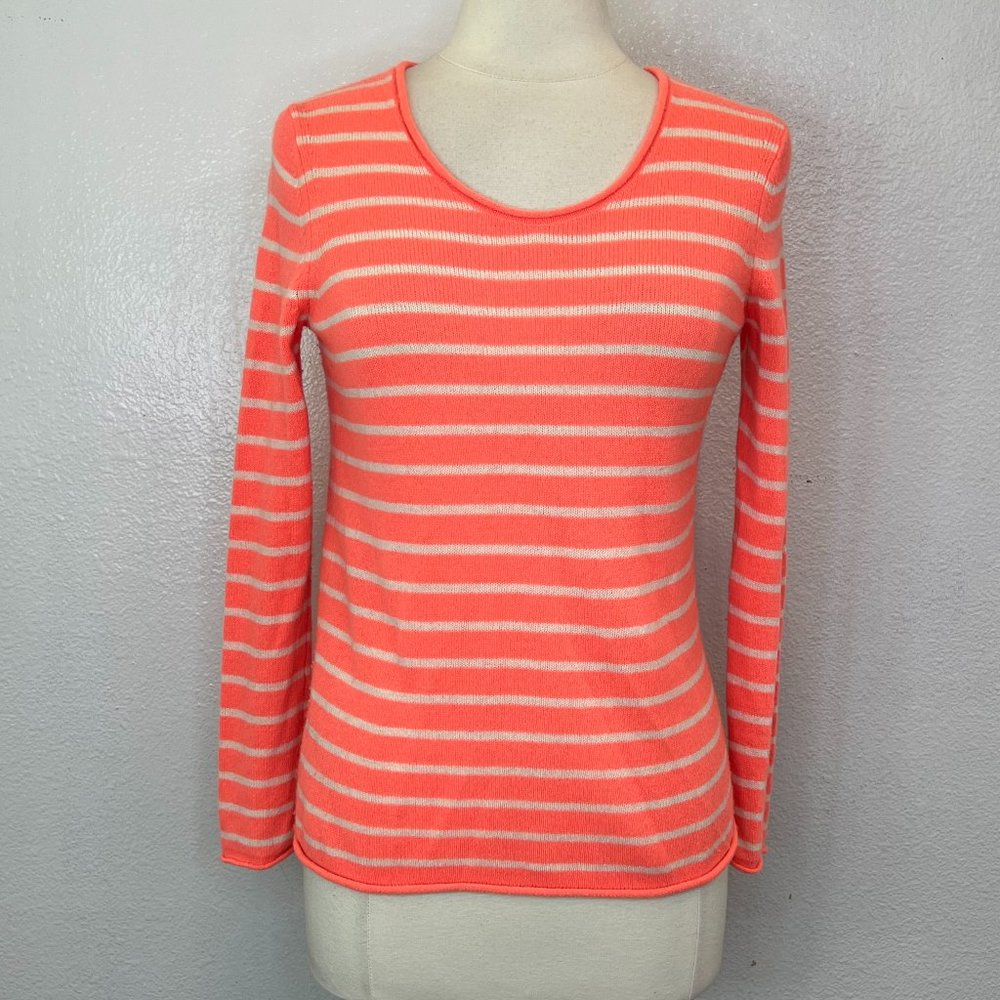 UNIQLO Coral w White Stripes Cashmere Pullover Sweater Longer Back Sz S